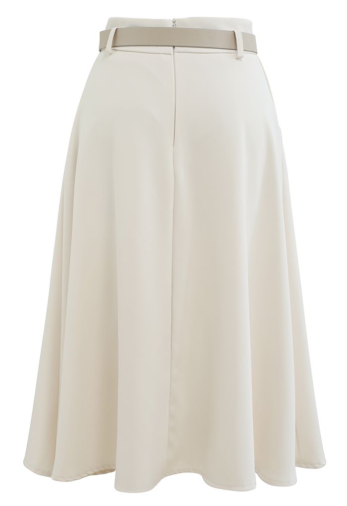 Front Pockets Belted Midi Skirt in Ivory