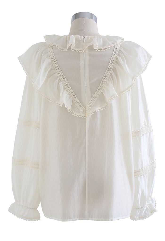 Tiered Doll Collar Floral Embroidered Shirt in Cream