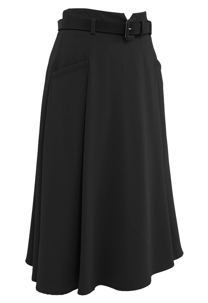 Front Pockets Belted Midi Skirt in Black - Retro, Indie and Unique Fashion