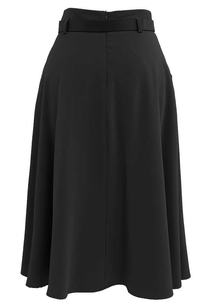 Front Pockets Belted Midi Skirt in Black