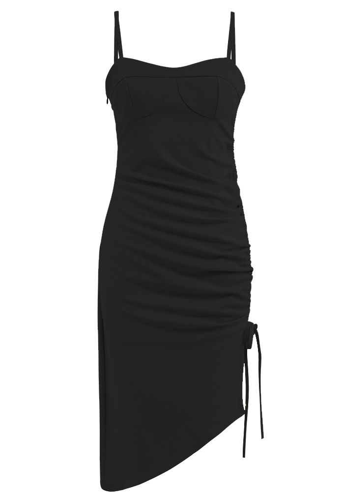 Ruched Drawstring Slit Hem Cami Dress in Black - Retro, Indie and