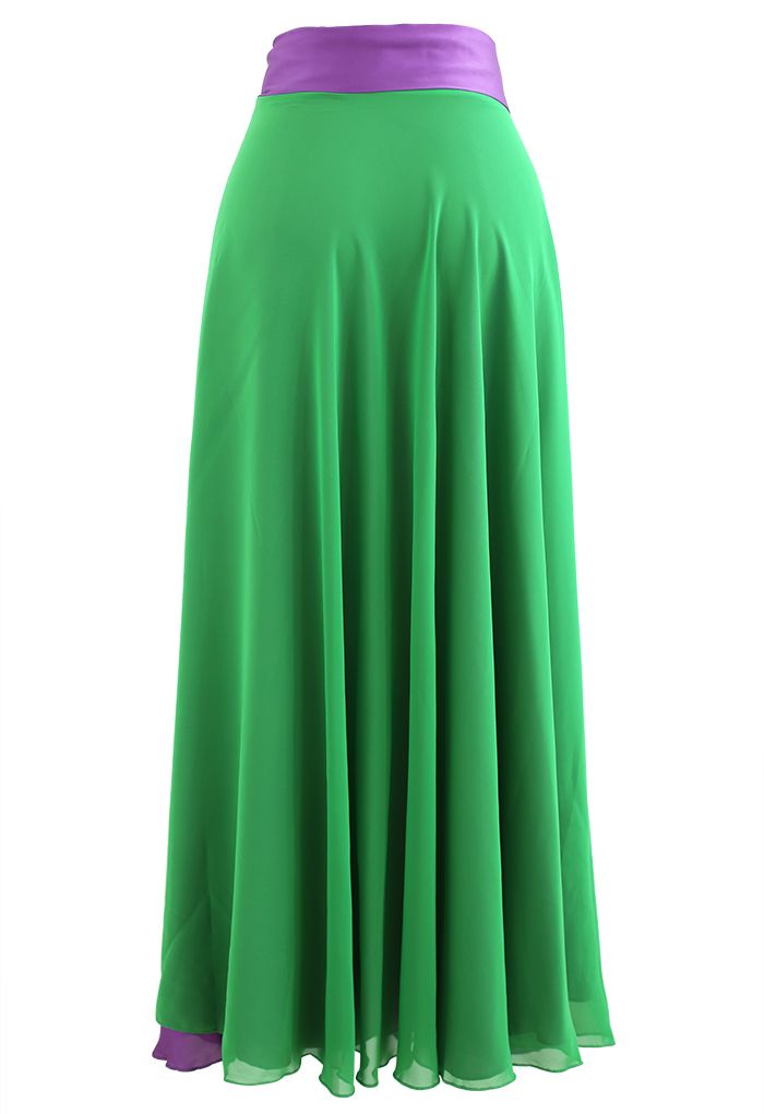 Tie-Waist Spliced Wrap Maxi Skirt in Green