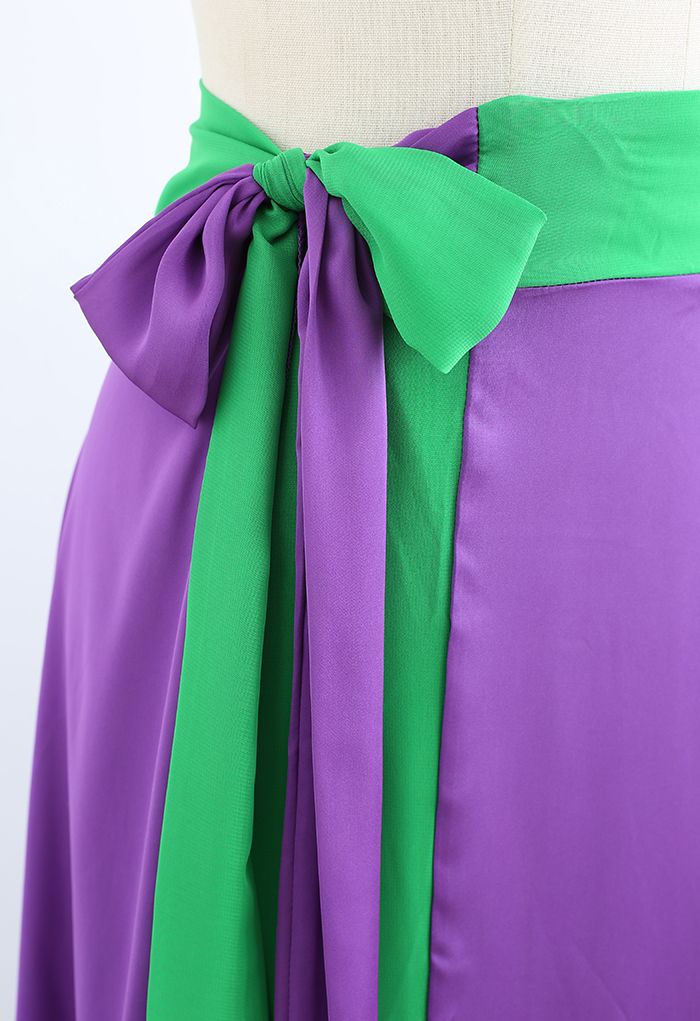 Tie-Waist Spliced Wrap Maxi Skirt in Green