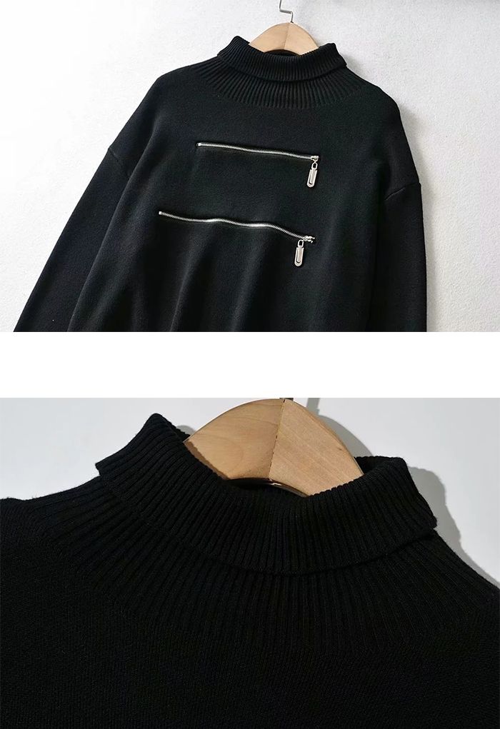 Zipper Front Fringed Edge Black Sweater