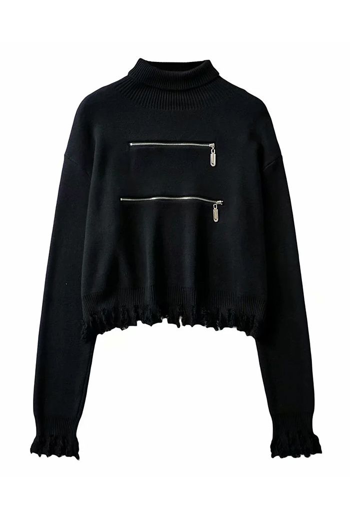 Zipper Front Fringed Edge Black Sweater