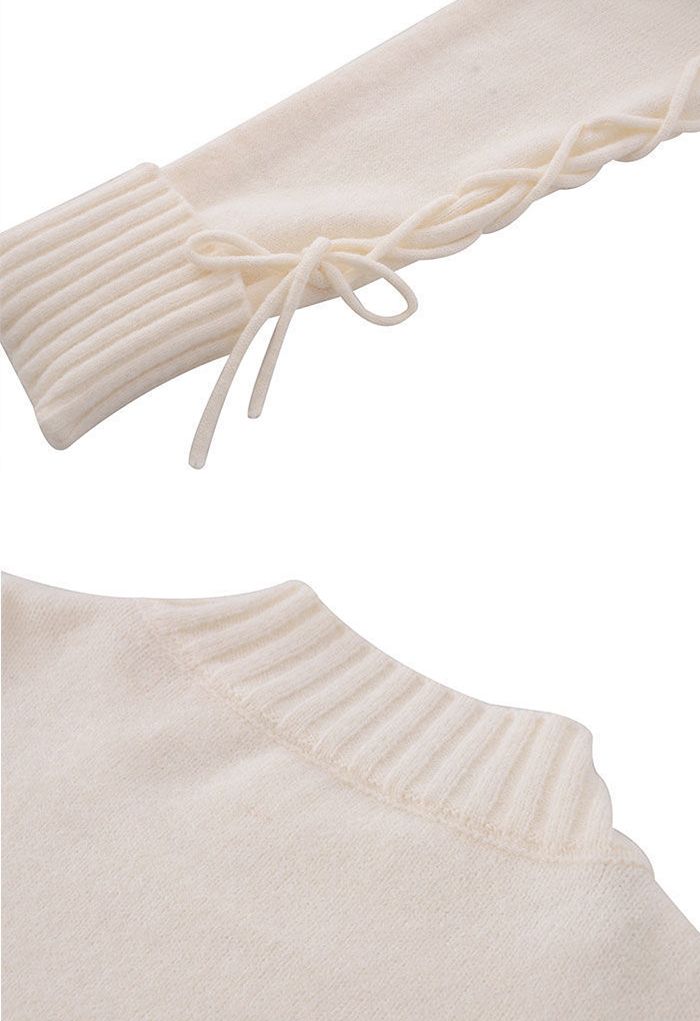 Lace-Up Sleeve Asymmetric Sweater in Ivory