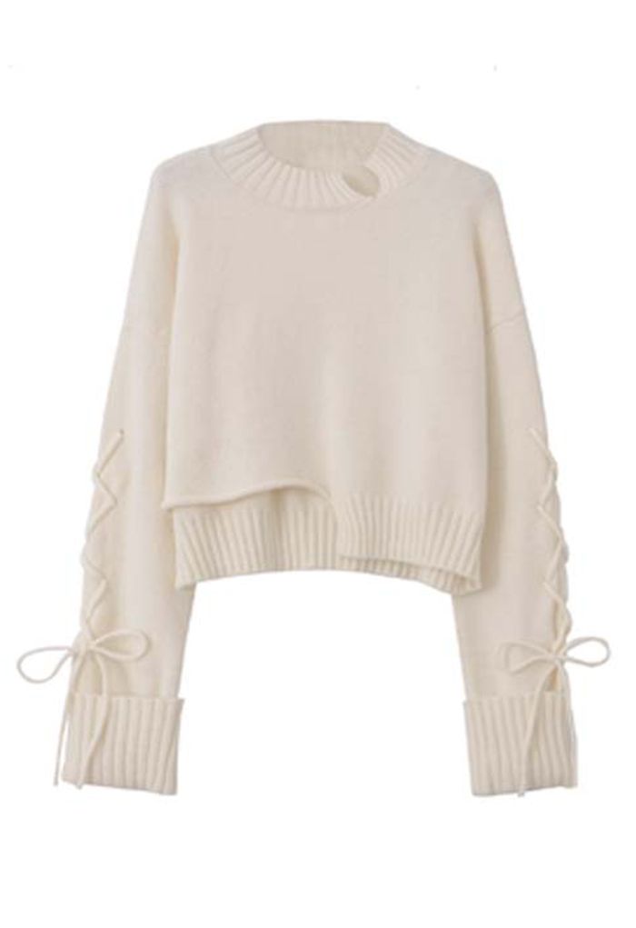 Lace-Up Sleeve Asymmetric Sweater in Ivory