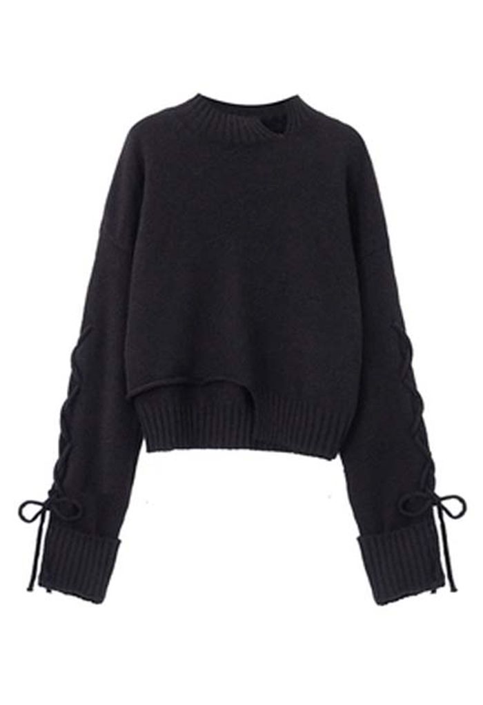 Lace-Up Sleeve Asymmetric Sweater in Black