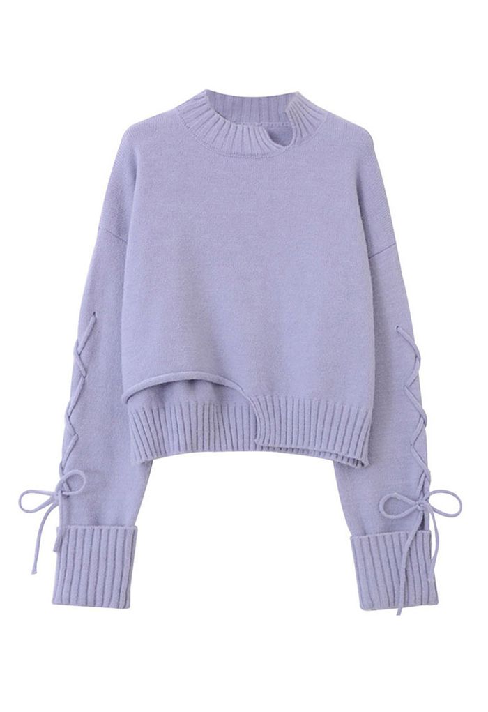 Lace-Up Sleeve Asymmetric Sweater in Lilac