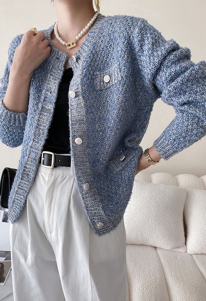 Sequins Trim Mohair Knit Cardigan in Blue
