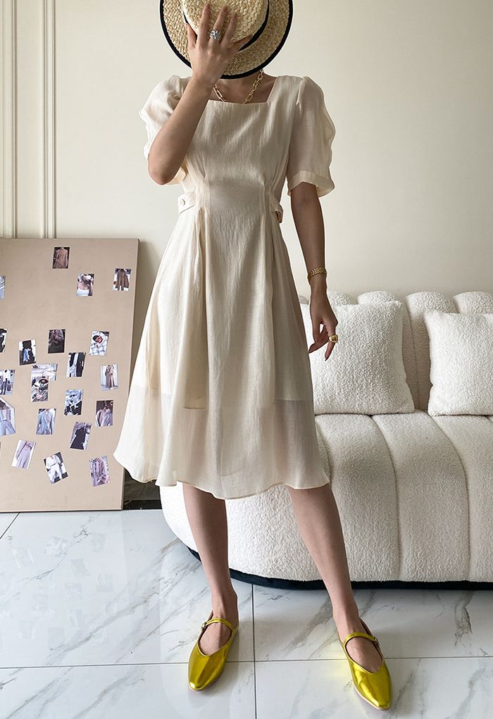 Stitch Waist Sheer Midi Dress in Cream