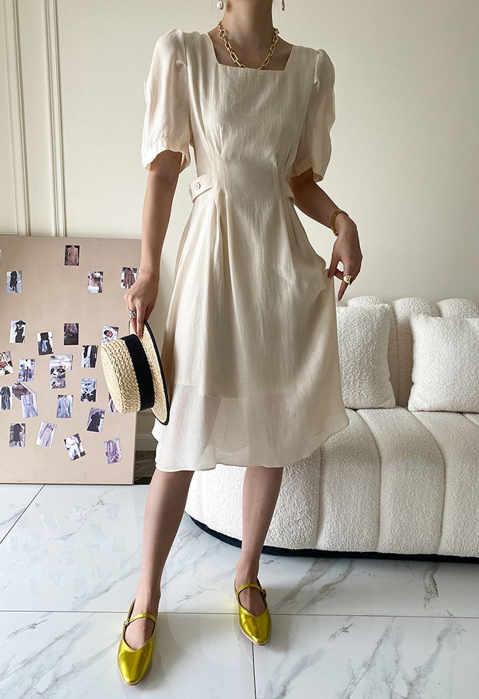 Stitch Waist Sheer Midi Dress in Cream