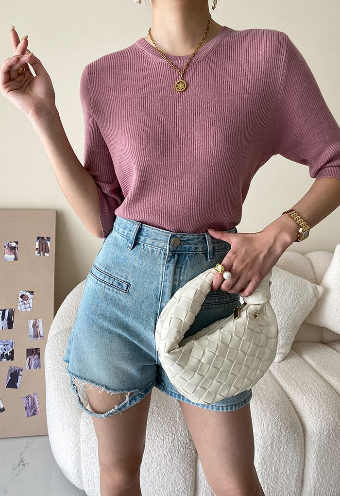 Round Neck Elbow Sleeve Knit Top in Berry