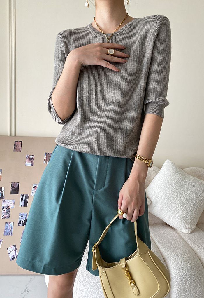 Round Neck Elbow Sleeve Knit Top in Grey