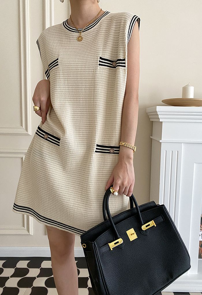 Contrast Striped Edge Sleeveless Knit Dress in Cream