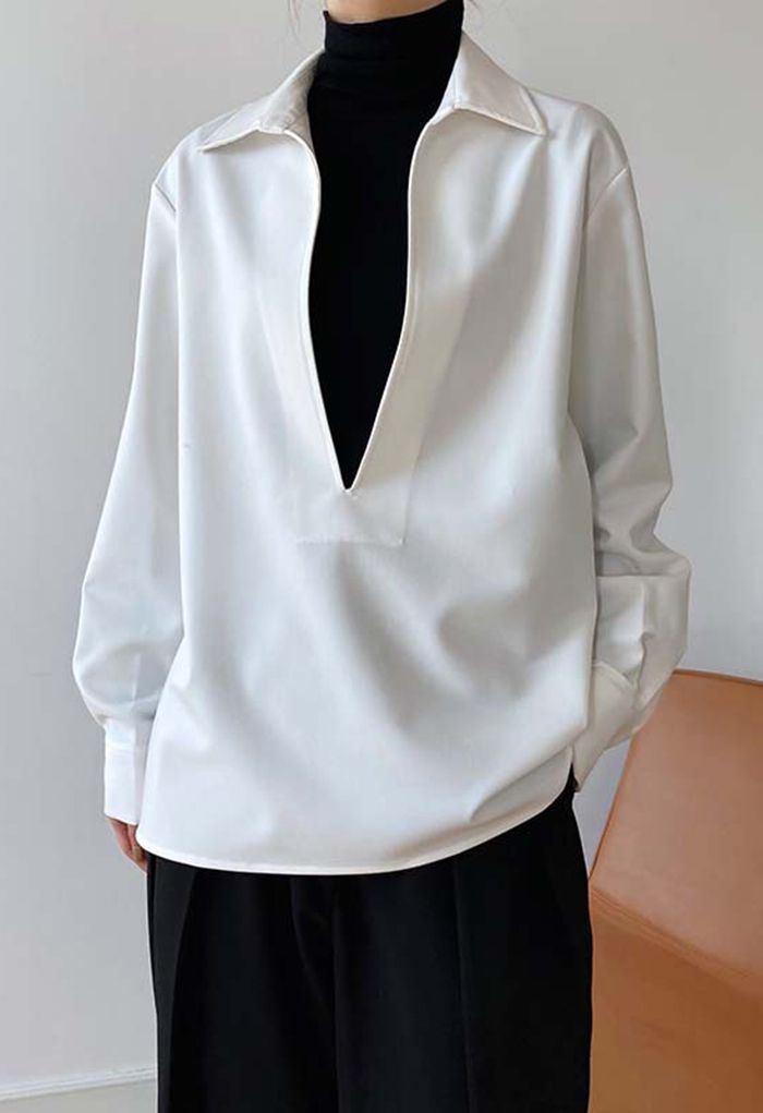 Deep V-Neck Collared Shirt in White - Retro, Indie and Unique Fashion