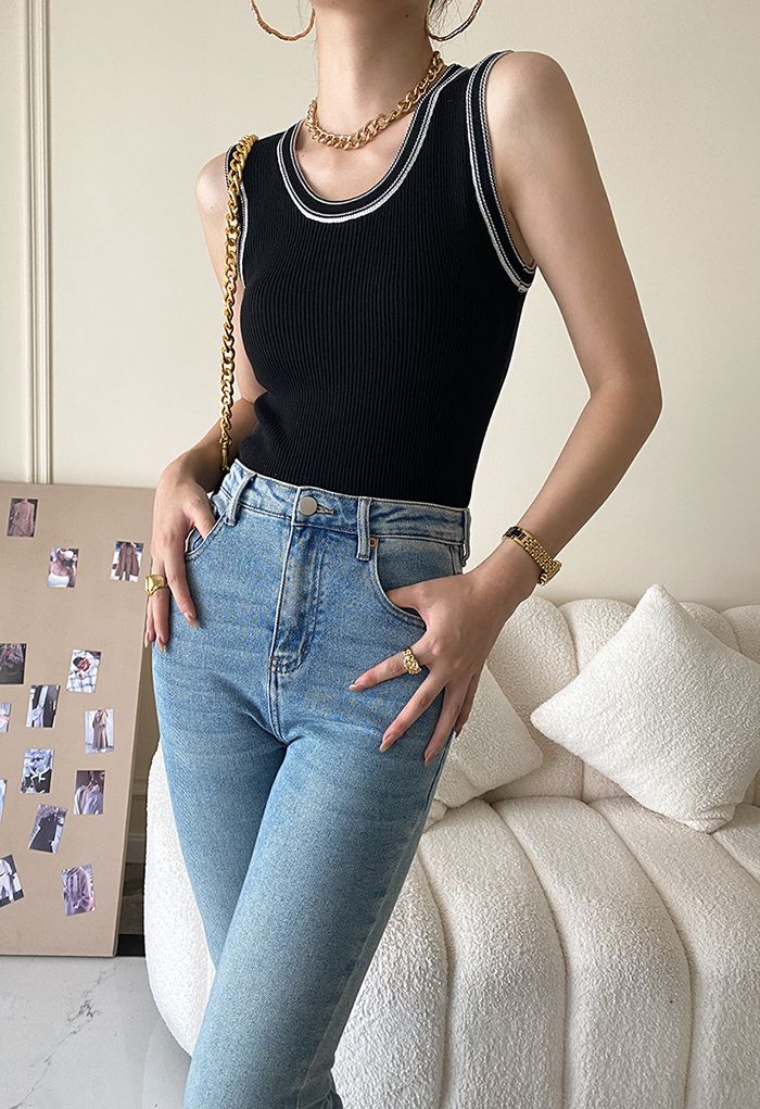 Contrast Edge Ribbed Tank Top in Black - Retro, Indie and Unique Fashion