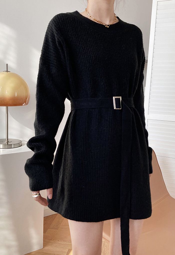 Belted Ribbed Longline Sweater in Black - Retro, Indie and Unique Fashion