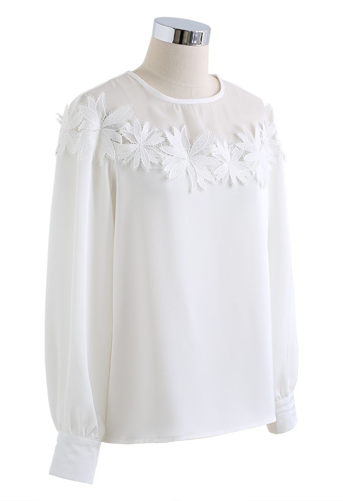 Floral Crochet Spliced Satin Shirt in White