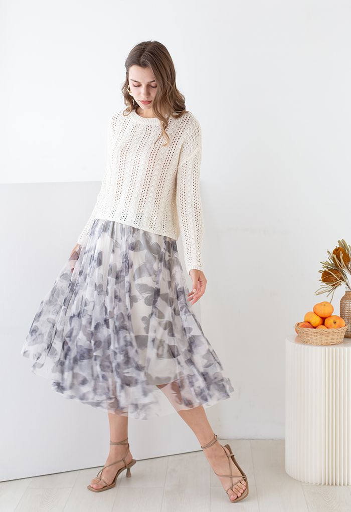 Butterfly Shadow Sequins Velvet Tulle Skirt in Cream