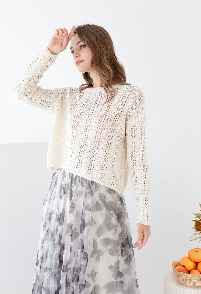 Hollow Out Dots Slouchy Knit Top in Cream