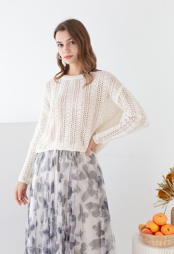 Hollow Out Dots Slouchy Knit Top in Cream