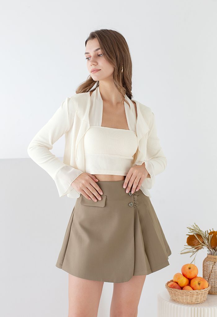 Two-Piece Chiffon Spliced Ribbed Top in Cream