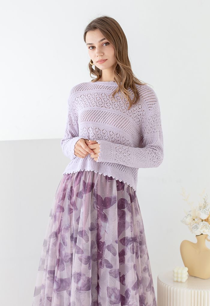 Scalloped Edge Hollow Out Knit Top in Lilac