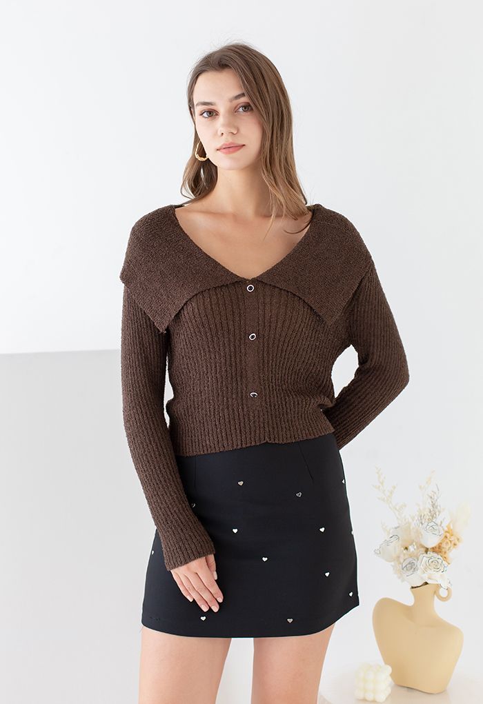 Giant Flap Collar Knit Crop Top in Brown - Retro, Indie and Unique Fashion