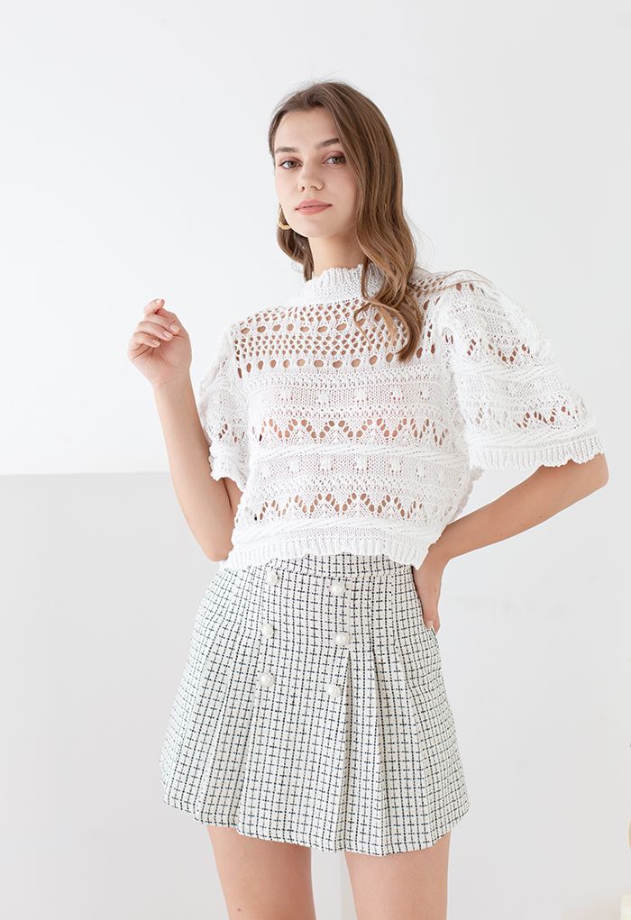 Pearl Button Check Tweed Mini Skirt in White