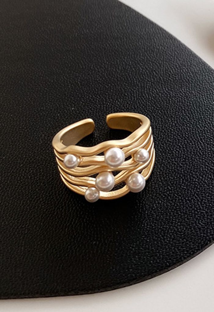 Wavy Shape Pearl Embellished Open Ring