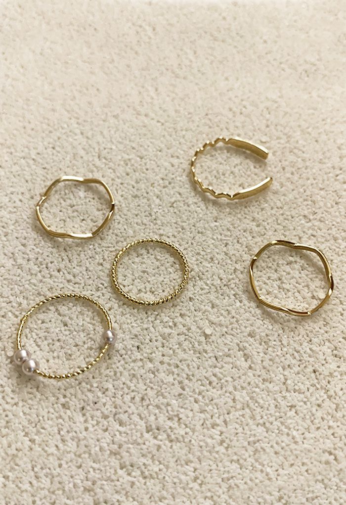 Five-Piece Simple Pearl Gold Rings