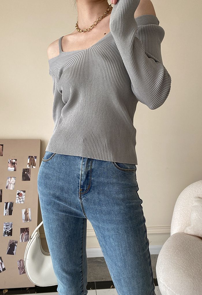 Cold-Shoulder Long Sleeve Knit Top in Grey