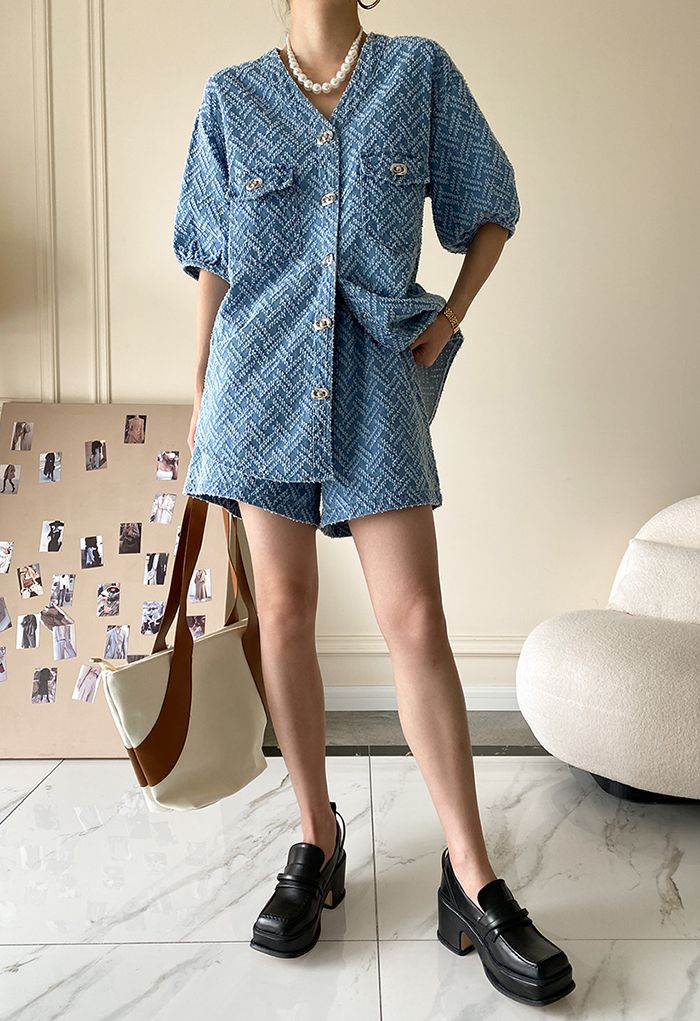 Modern Puff Sleeve Denim Top and Shorts Set in Blue