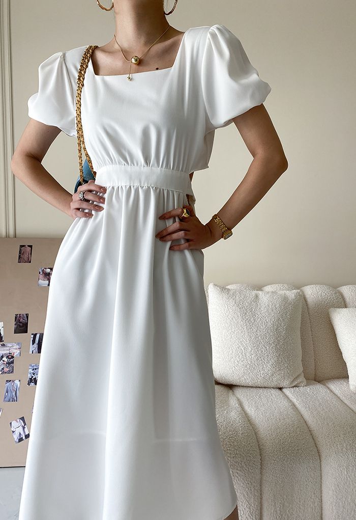 Square Neck Cutout Waist Bowknot Dress in White
