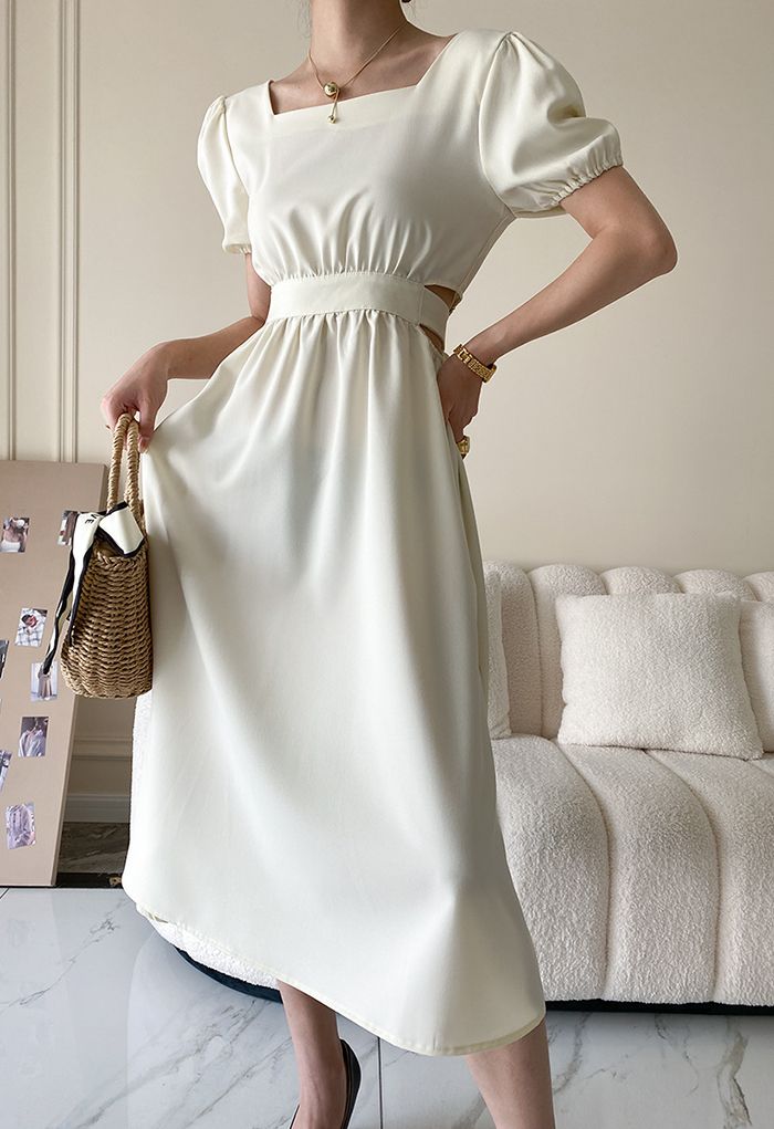 Square Neck Cutout Waist Bowknot Dress in Ivory