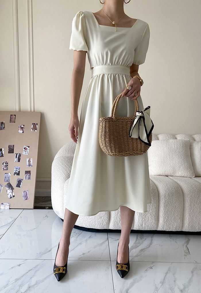 Square Neck Cutout Waist Bowknot Dress in Ivory
