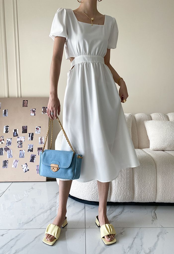 Square Neck Cutout Waist Bowknot Dress in White