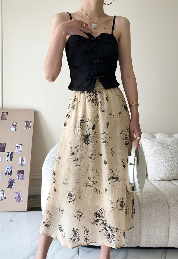 Floral Ink Painting Embossed Midi Skirt in Light Yellow