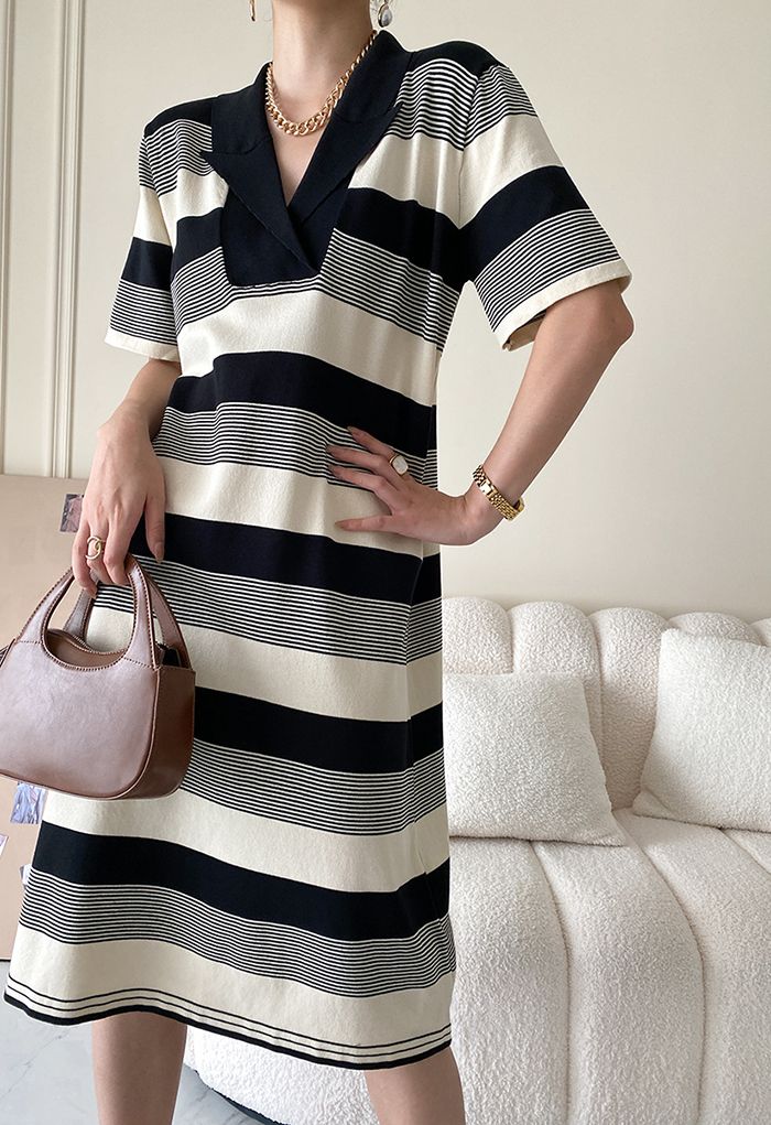 Bold Stripe V-Neck Collared Knit Dress