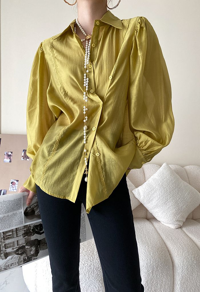 Irregular Button Puff Sleeve Shirt in Mustard