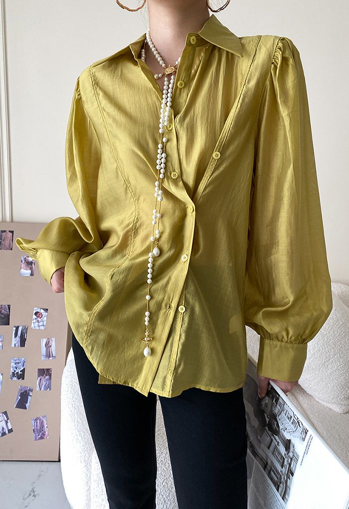 Irregular Button Puff Sleeve Shirt in Mustard - Retro, Indie and Unique ...