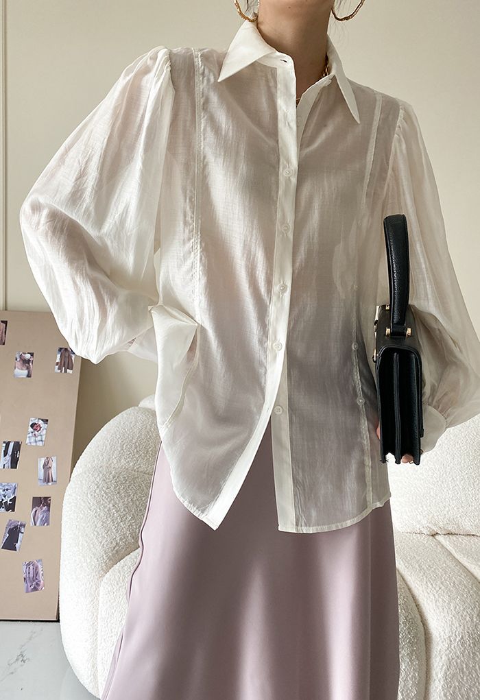 Irregular Button Puff Sleeve Shirt in White - Retro, Indie and Unique ...