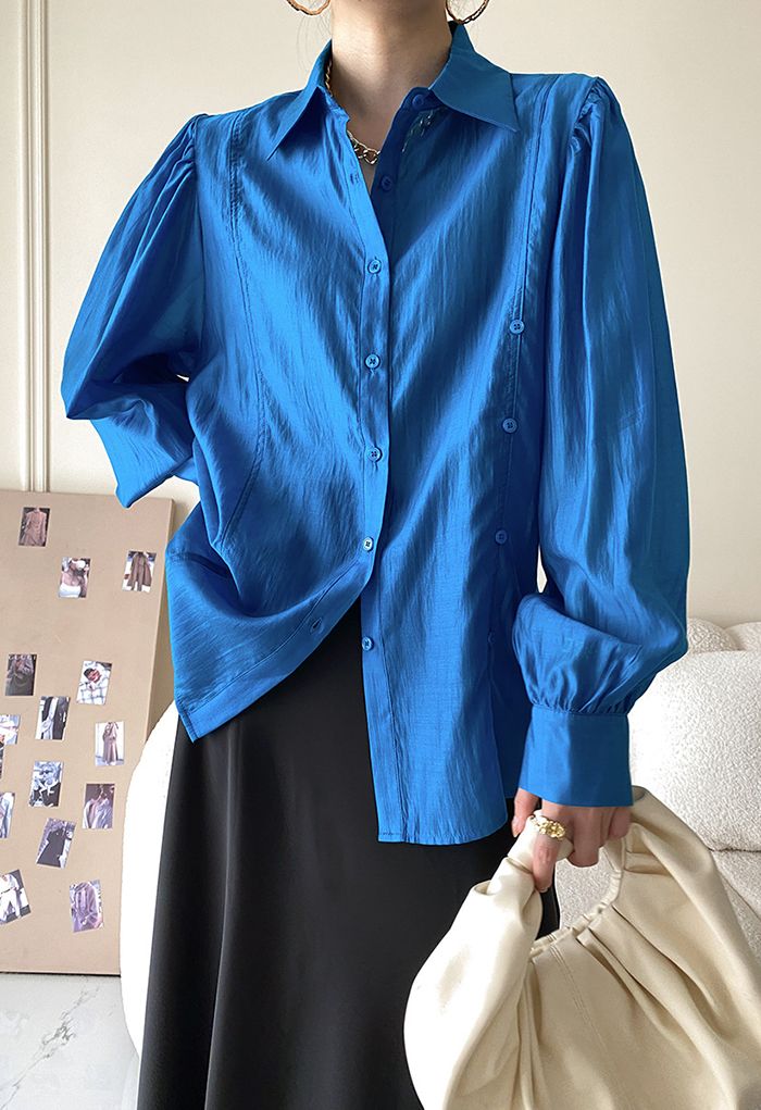 Irregular Button Puff Sleeve Shirt in Blue