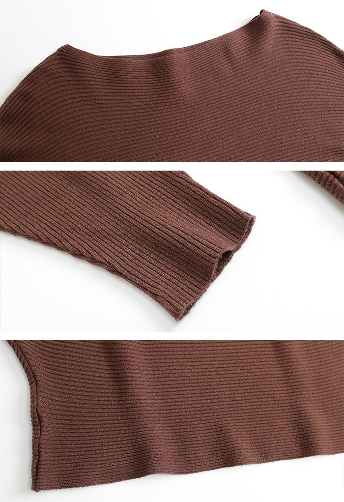 Boat Neck Batwing Sleeves Knit Top in Brown