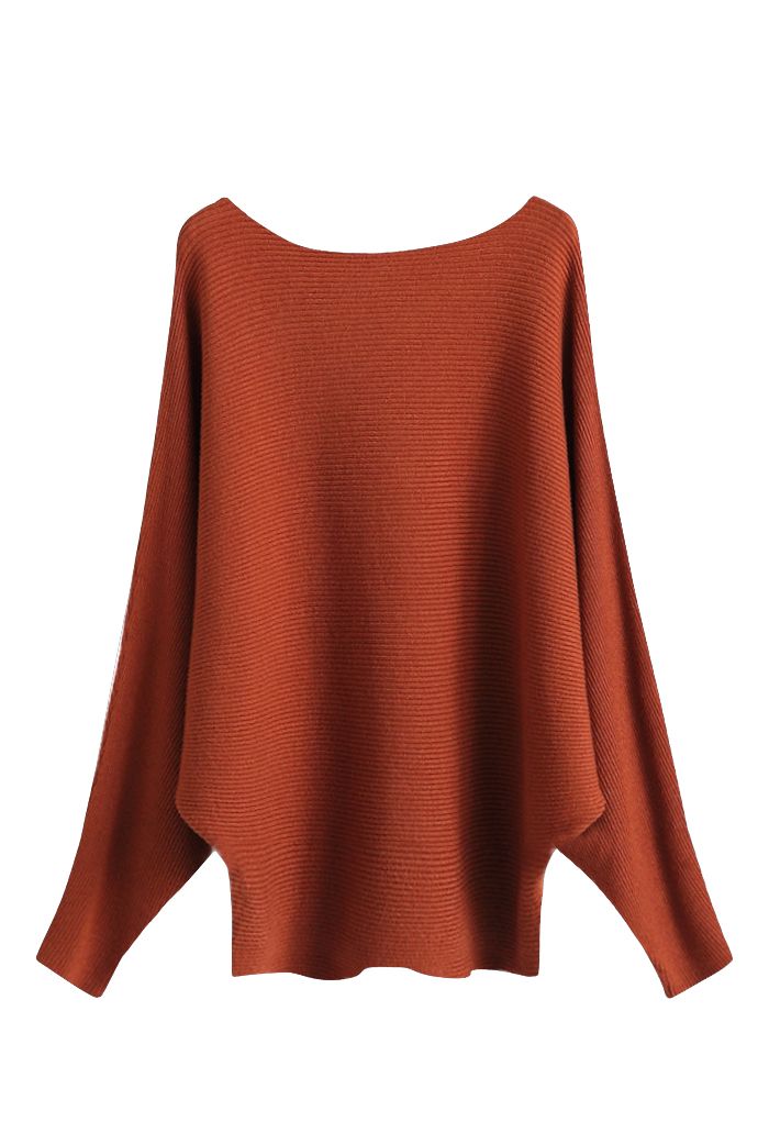 Boat Neck Batwing Sleeves Knit Top in Caramel
