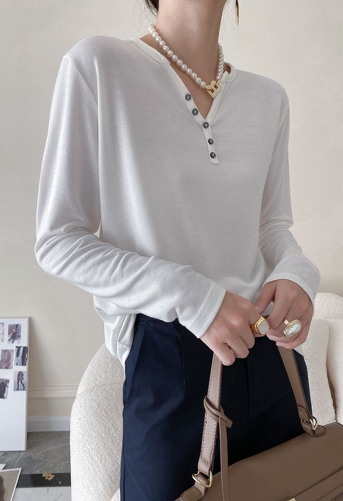 Buttoned V-Neck Long Sleeve Knit Top in White