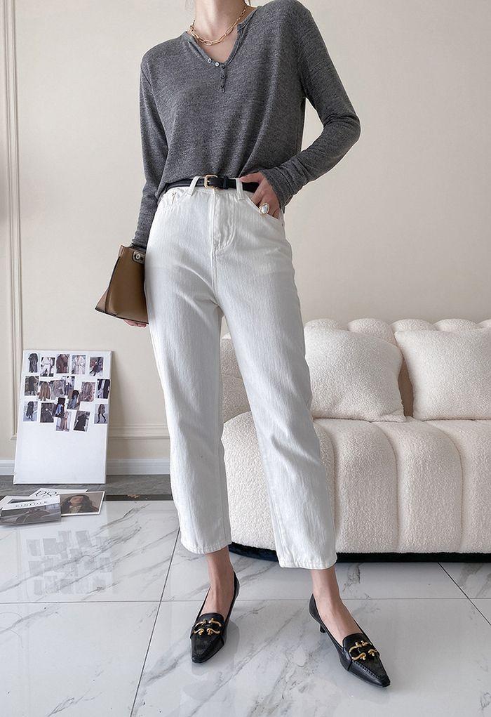 Buttoned V-Neck Long Sleeve Knit Top in Smoke