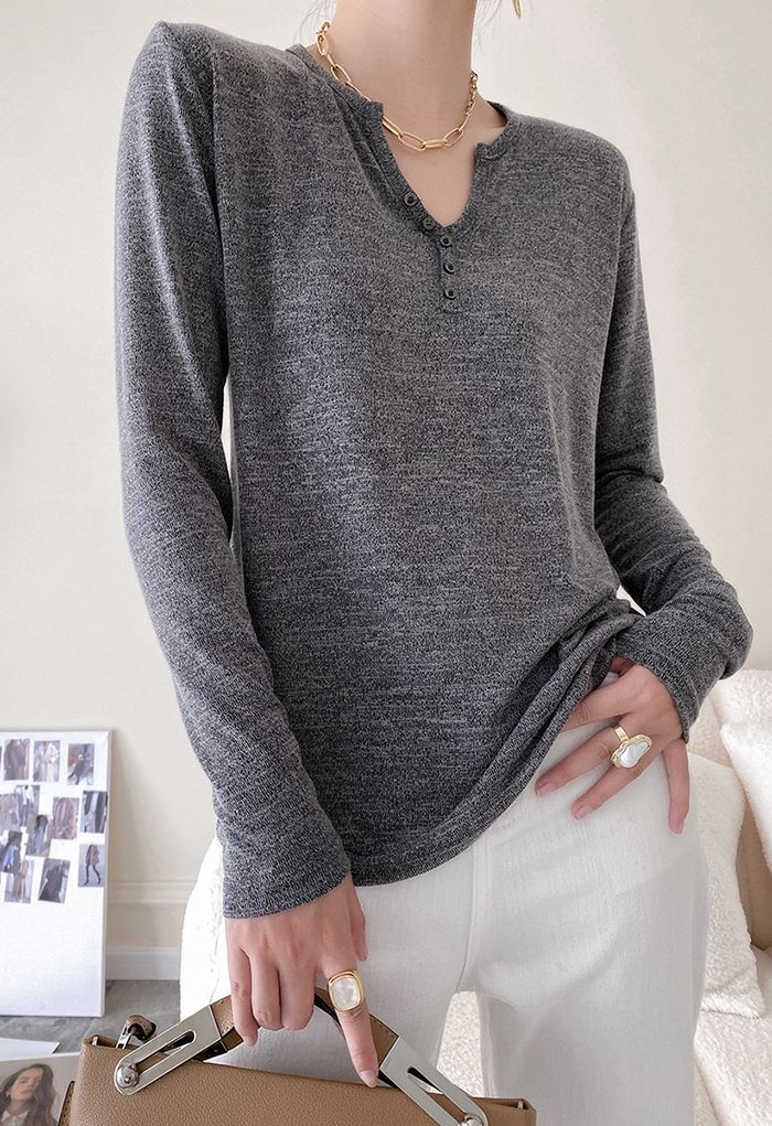 Buttoned V-Neck Long Sleeve Knit Top in Smoke