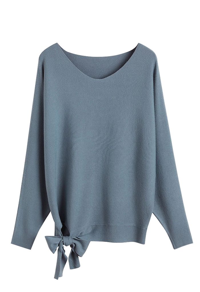 Batwing Sleeve Bowknot Oversize Sweater in Dusty Blue - Retro, Indie ...